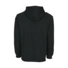 Back view of black hooded sweatshirt against a white background.