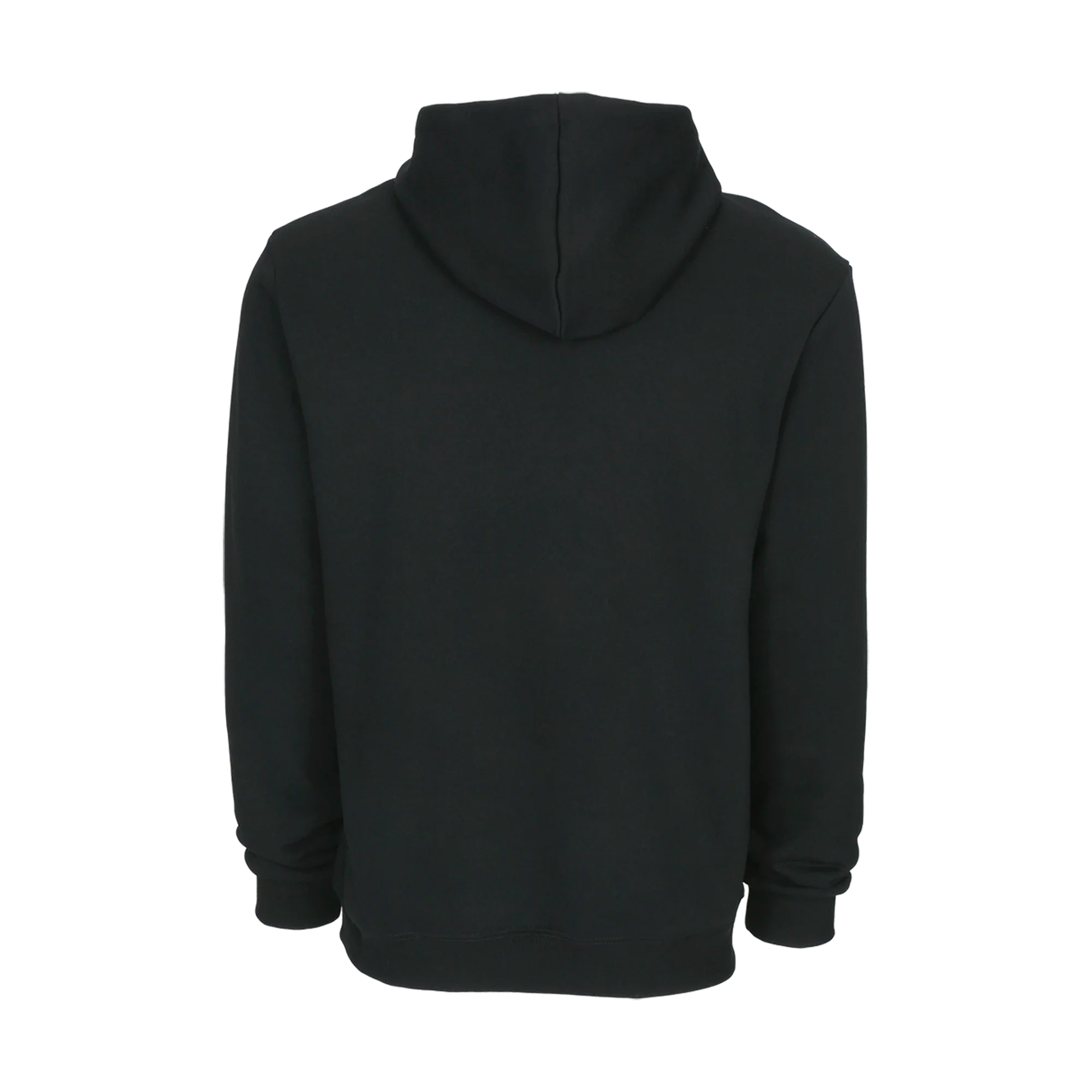 Back view of black hooded sweatshirt against a white background.