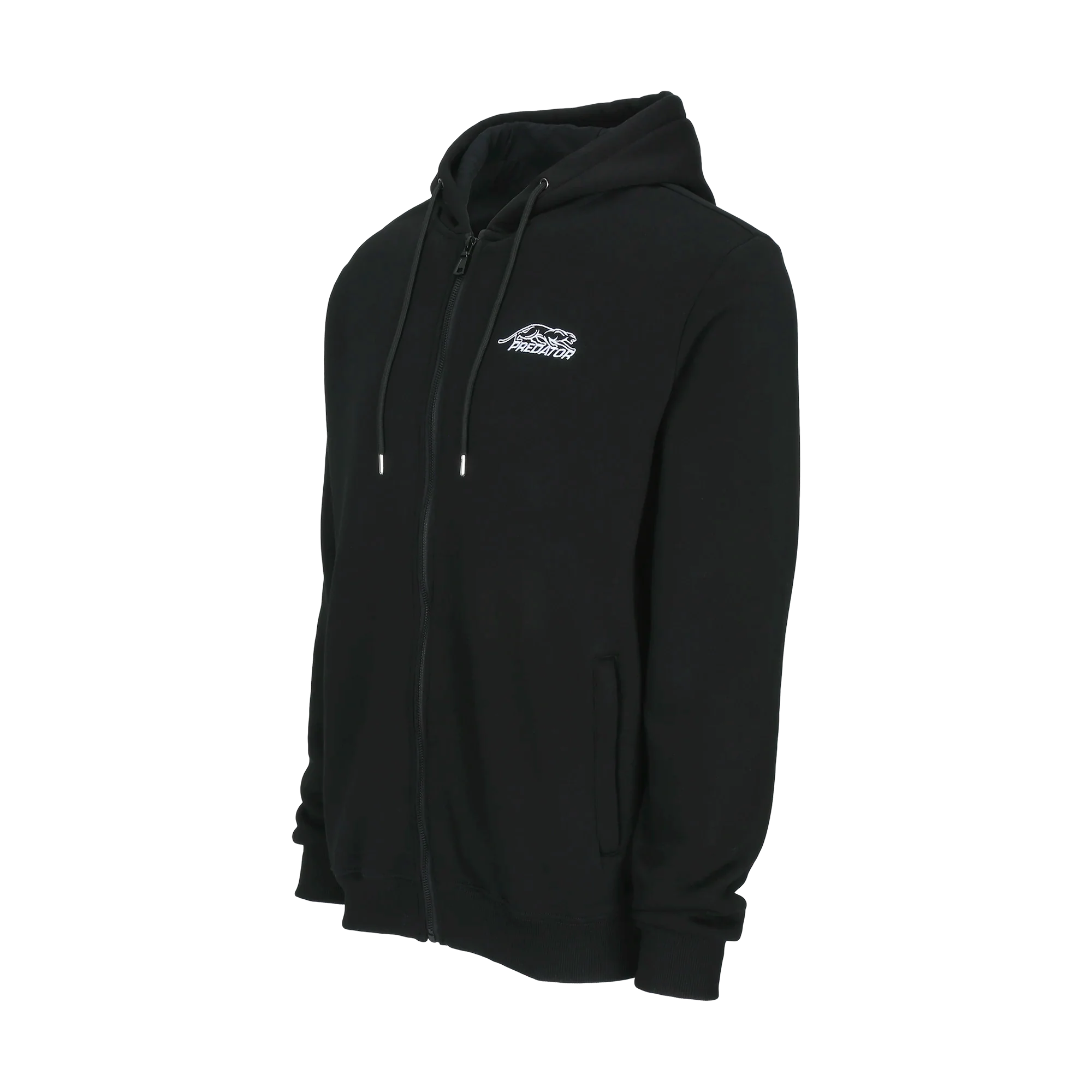 Black zip-up hoodie with white Predator logo