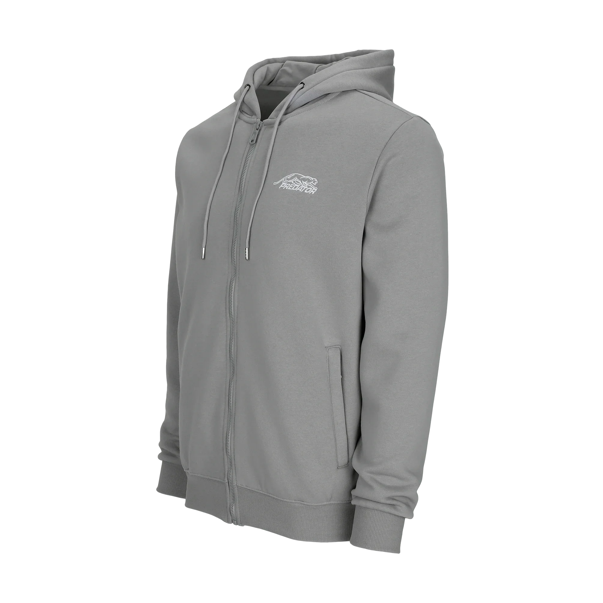 Grey zip-up hoodie with white Predator logo