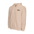 Ivory-colored zip-up hoodie with black predator logo