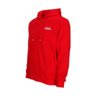Red zip-up hoodie with white Predator logo