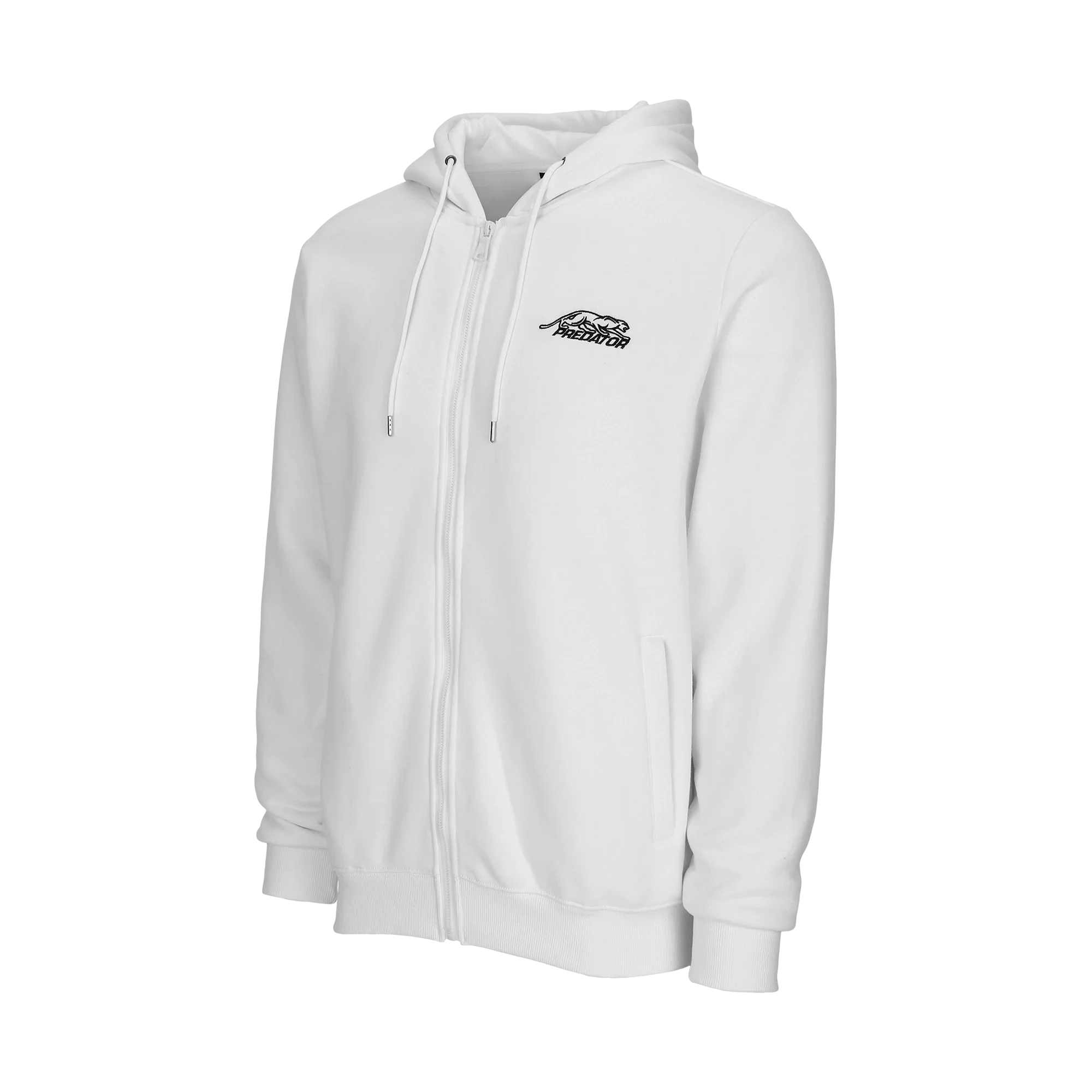 White zip-up hoodie with black Predator logo