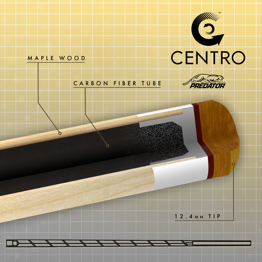 Diagram of a pool cue with labeled components on a grid background, featuring the Centro Predator brand.