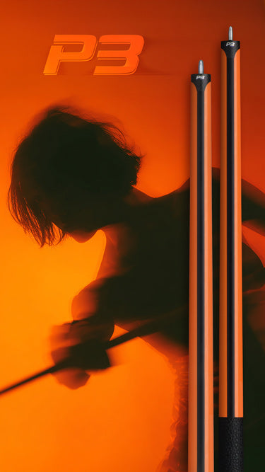 Silhouette of a person playing pool with 'P3' logo on an orange background