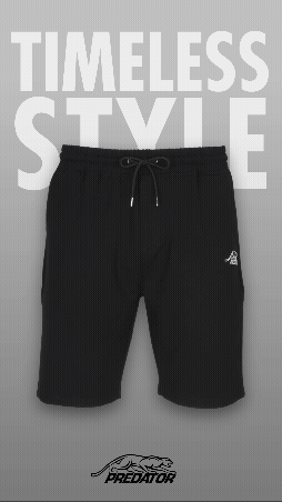 Rotating image of black drawstring shorts with white PREDATOR logo featuring TIMELESS STYLE text. 