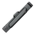 Gray pool cue case with black accents and a black cat head logo
