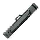 Grey pool cue case with black accents and black cat head logo