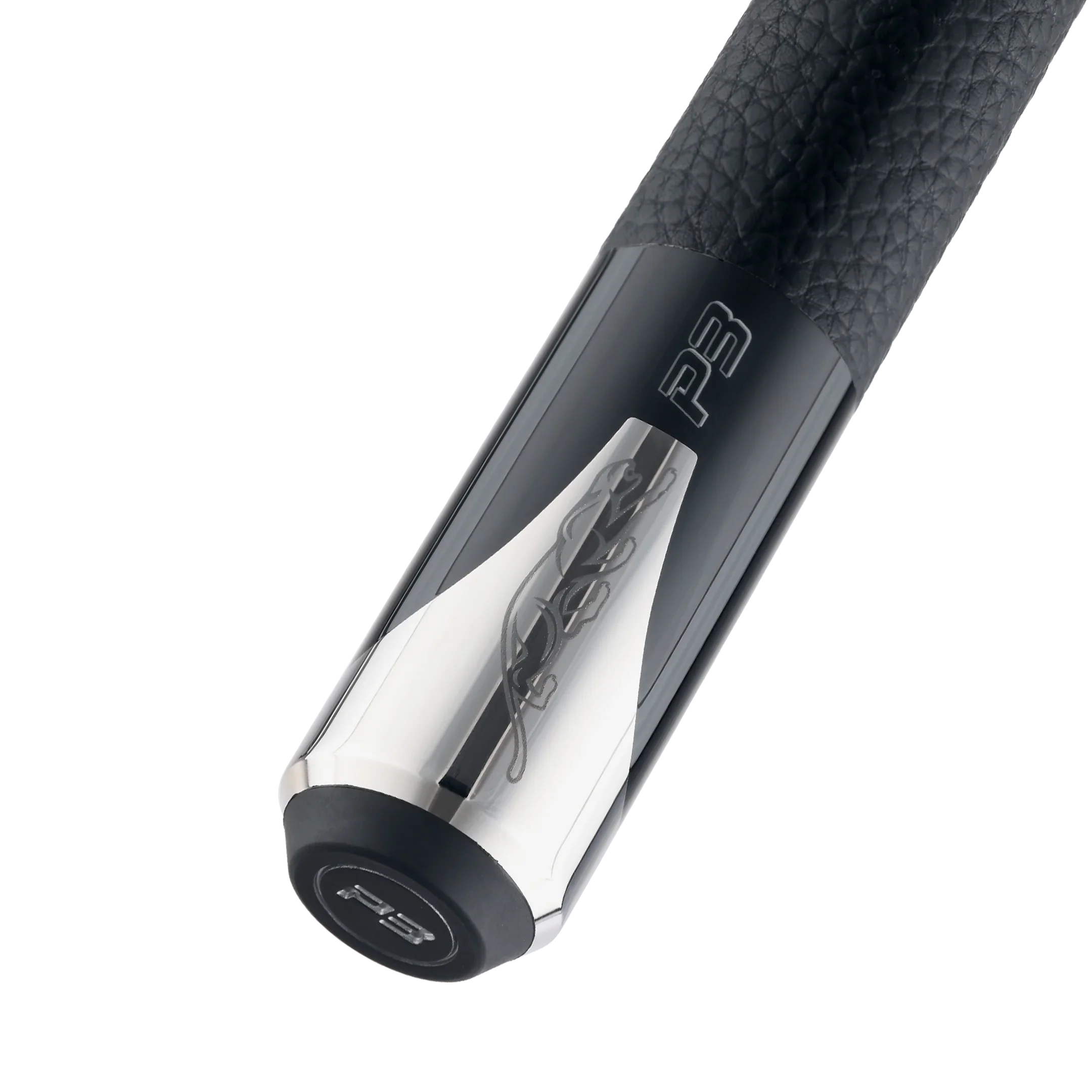 P3 black pool cue luxe leather wrap butt closeup