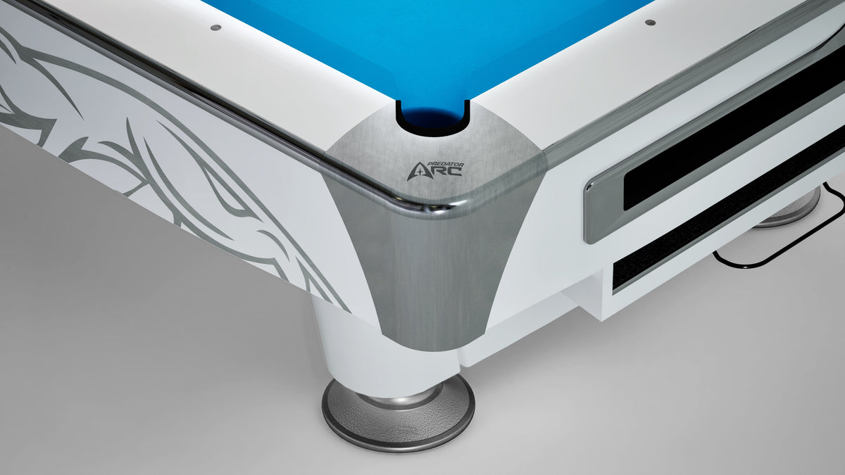 Predator Arc pool table pocket corner in white and sliver