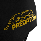 Close-up of black glove material with yellow Predator logo on a white background.