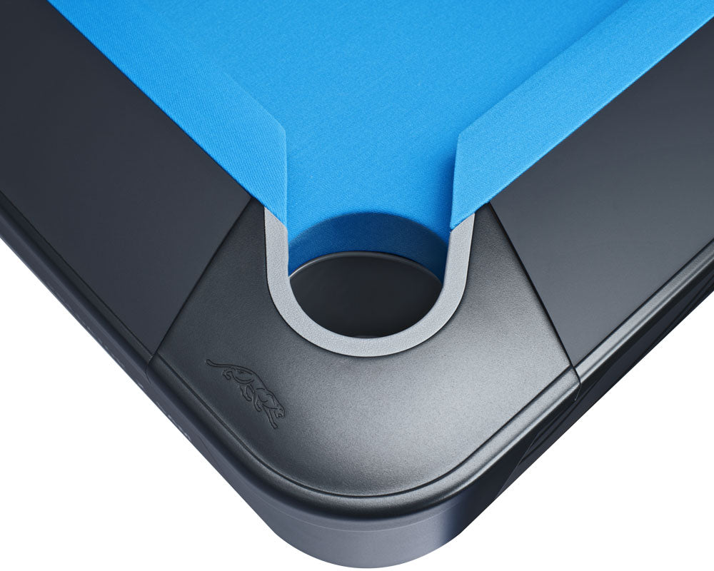 Close-up of a blue and black pool table corner with a panther logo.