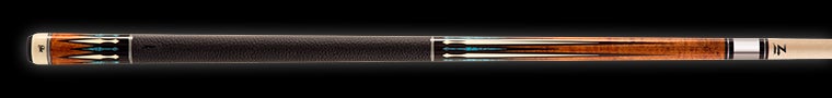 Brown wood pool cue with turquoise and ivory detailing and textured black wrap