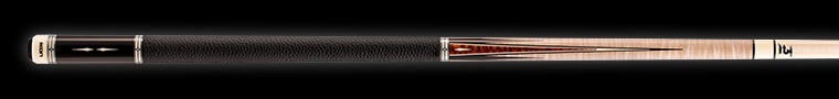 Pale wood pool cue with textured black wrap on a black background.