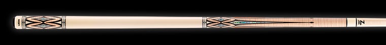 Ivory and pale wood pool cue with intricate design on a black background.