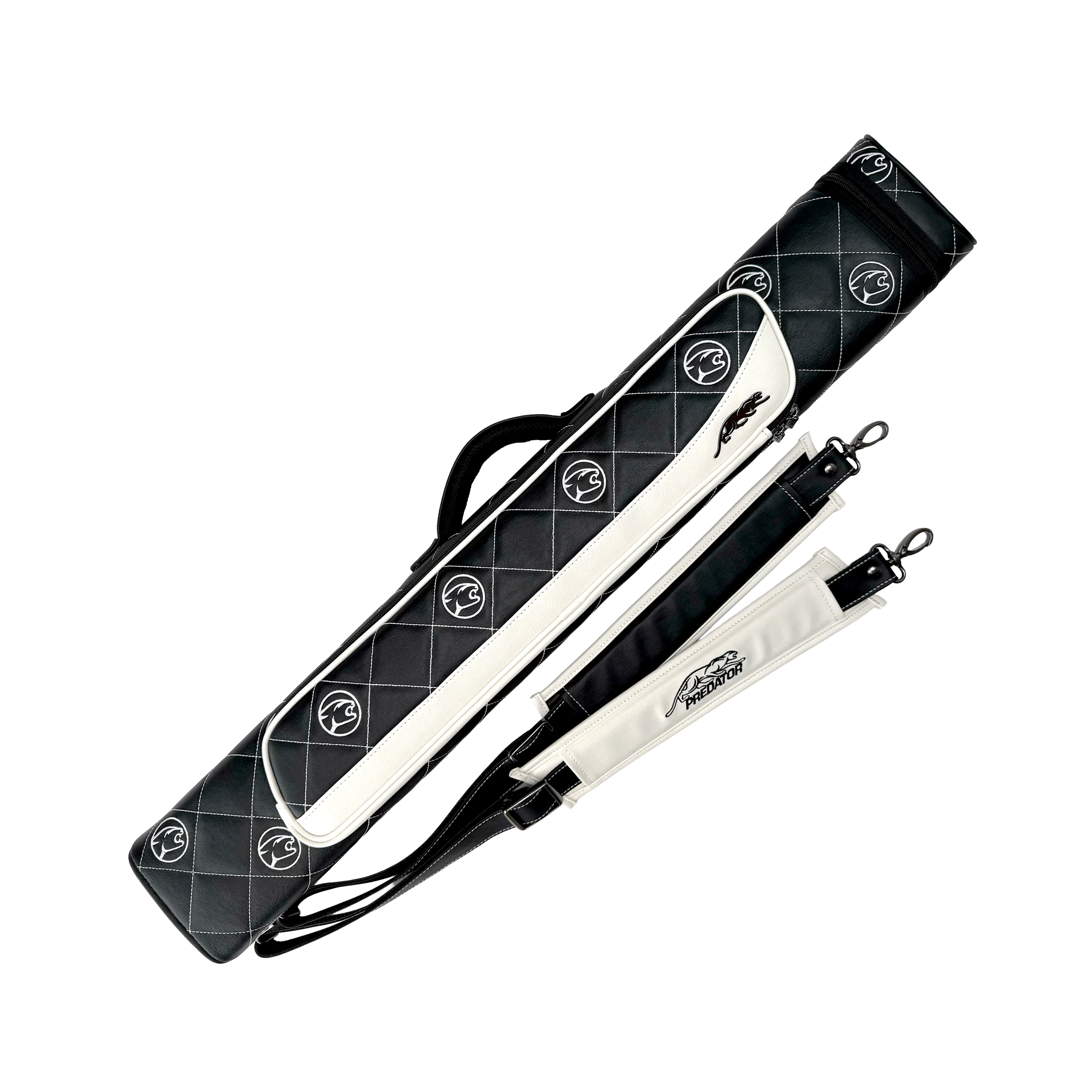 Roadline Cat Head Pool Cue Case Black and White Front Angled With Straps