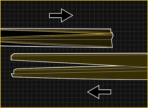 Diagram showing a cut piece of material with arrows indicating direction on a grid background.