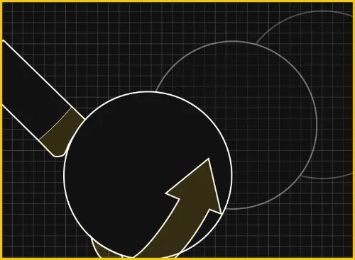 Technical drawing of a cue ball and pool cue tip with an arrow on a grid background.