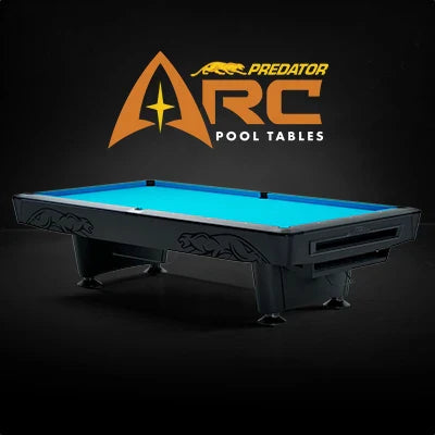 Predator ARC black 9-foot pool table with an orange ARC logo above