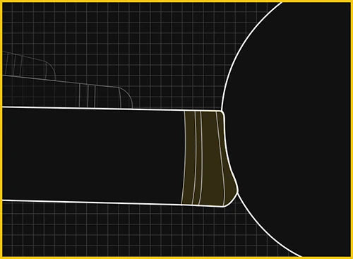 Technical drawing of a pool cue striking a cue ball with grid lines on a black background.