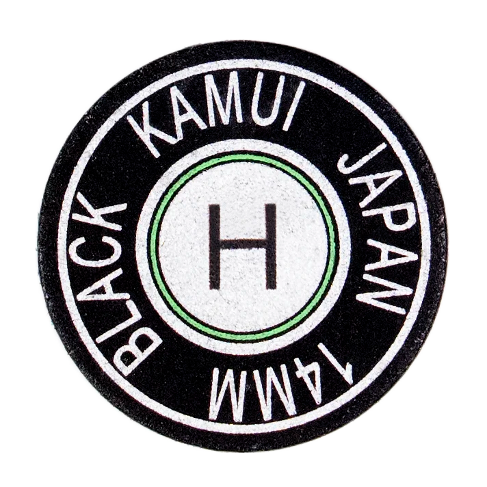 Kamui black cue tip front view with "Kamui Black Japan" and H hardness markings stamped.