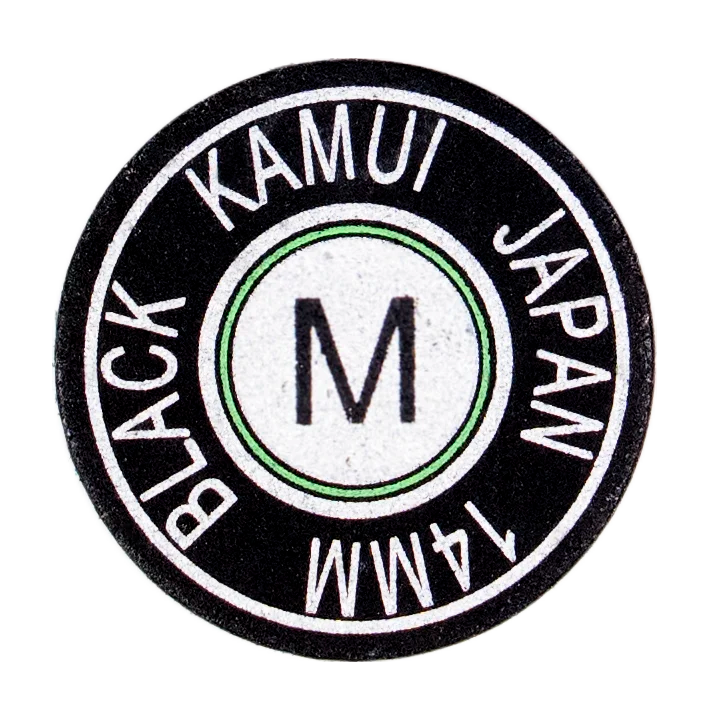 Kamui black cue tip front view with "Kamui Black Japan" and M hardness markings stamped.