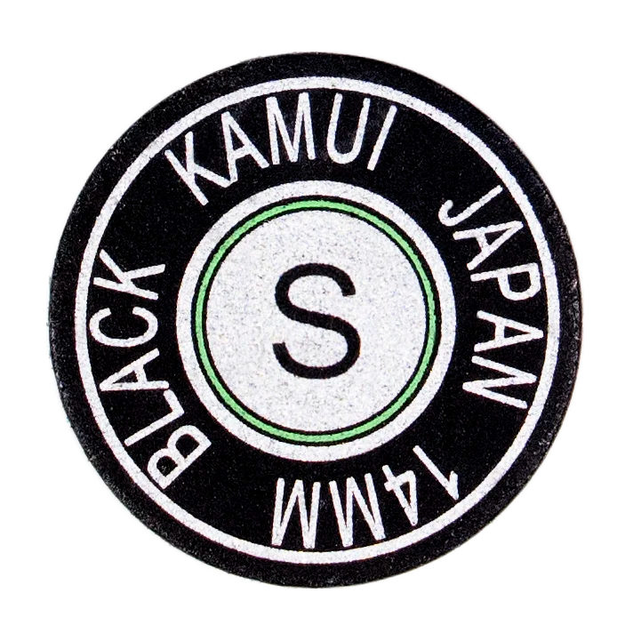 Kamui black cue tip front view with "Kamui Black Japan" and S hardness markings stamped.