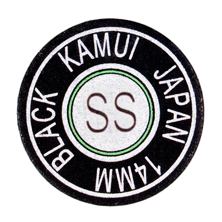 Kamui black cue tip front view with "Kamui Black Japan" and SS hardness markings stamped.