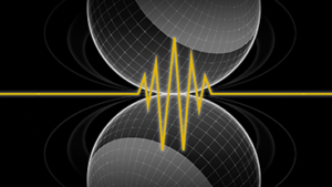 Spherical pool balls with a yellow wave-like pattern on a black grid background