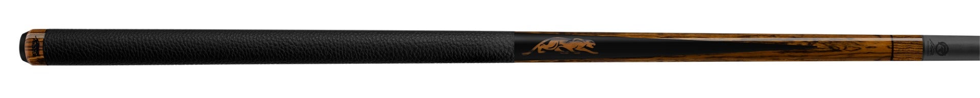 Black and dark brown wood pool cue on a white background.