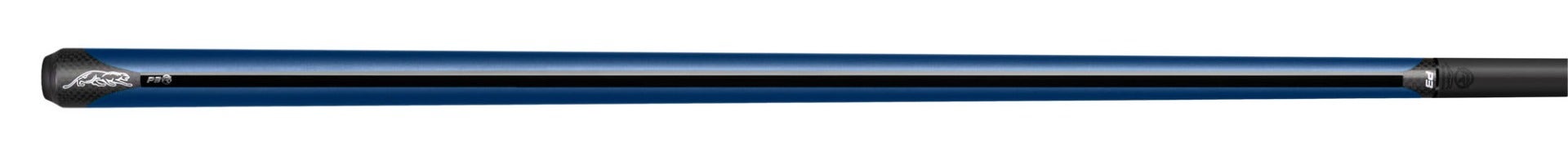 Glossy blue pool cue with black stripe on a white background.