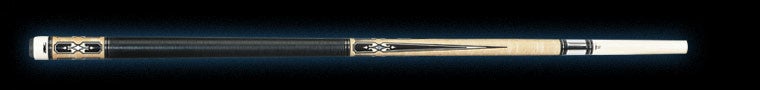 Pale wood pool cue with black and white detailing and textured black wrap