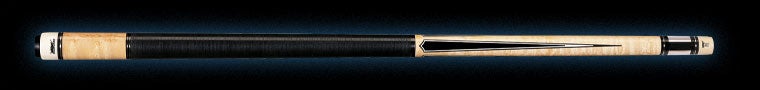 Pale wood pool cue with black detailing and textured black wrap