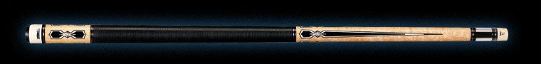 Pale wood pool cue with black and white detailing and textured black wrap