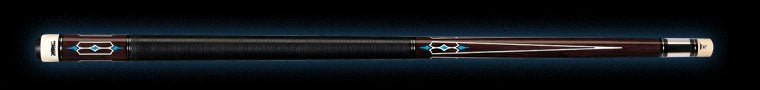 Dark brown glossy pool cue with white and turquoise with textured black wrap