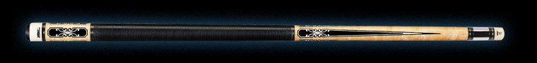 Pool cue with pale wood accents and textured black wrap