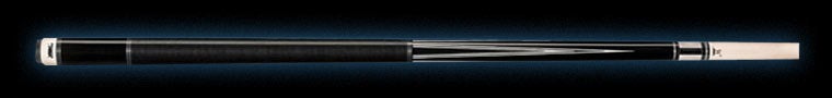 Glossy black pool cue with white detailing and textured black wrap