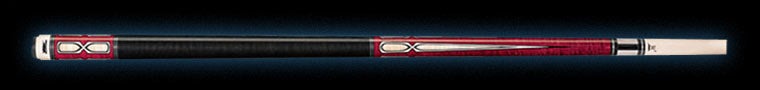 Red and black pool cue with white accents