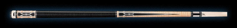 Black and pale wood pool cue with intricate designs