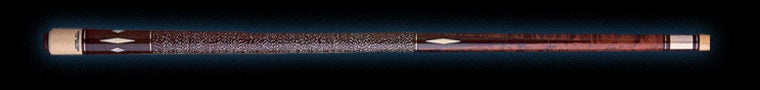 Glossy brown wood pool cue with ivory and textured brown leather wrap