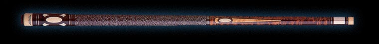 Glossy brown wood pool cue with ivory detailing and textured brown leather wrap