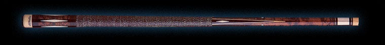 Glossy brown wood pool cue with white diamond accents and textured brown wrap