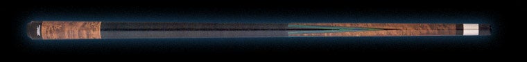 Brown wood pool cue with green accent and black wrap