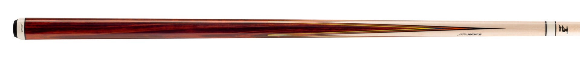 Two-toned wood pool cue with yellow accent on a white background.