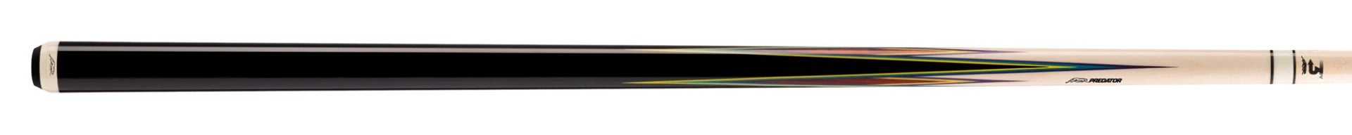 Black and pale wood glossy pool cue with green accent on white background.