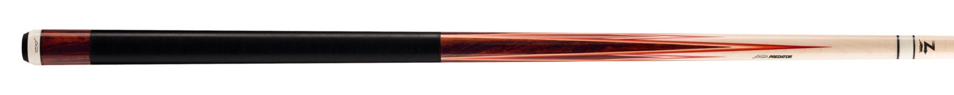 Black, brown and pale wood pool cue on a white background.