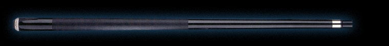 Glossy black pool cue with textured black wrap on a black background.