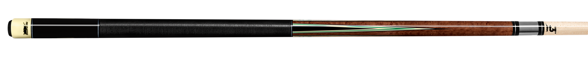 Brown wood pool cue with green and black accents and black wrap on a white background.