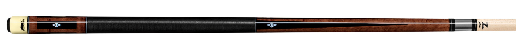 Glossy wood pool cue with black accents and black wrap on a white background.