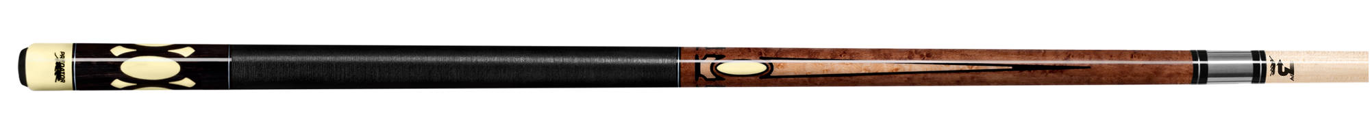 Glossy wood pool cue with black wrap on a white background.